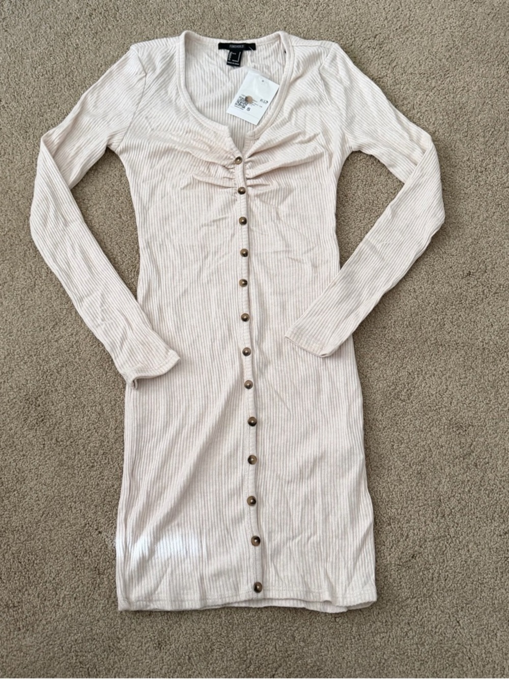 Forever 21 Beige Ribbed Button-Front Long Sleeve Midi Dress